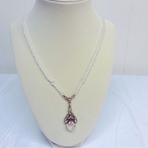 1928 Necklace Ceramic Flower & Rhinestones & Glass 18” Drop 21” Gorgeous - Picture 2 of 5